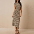 thumbnail image 1 of Odbmxy Summer Women Sun Dresses Short Sleeve T-Shirt Women's Midi Dresses Slim Knit Striped Tunic Beach Dress, 1 of 6