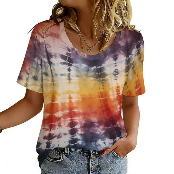 Odbmxy Summer Women's T Shirts Tie-Dye Short Sleeve Women Tops Vintage Regular Workout Running Casual Tops