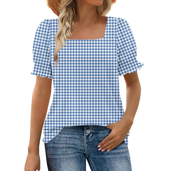 Odbmxy Summer Womens Blouses Plus Size Square Neckline Short Sleeve Womens Top Fancy Plaid Slim Puff Sleeve Blue Camping Tops