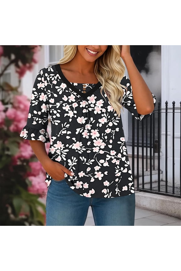 Summer Womens Blouses V-Neck Elbow-Length T-Shirt for Women Party Flared Sleeve Button Black Floral Casual Loose Tops