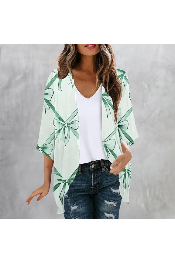 Summer Womens Cardigans Elbow-Length Lightweight Women's Plus Size Tops Holiday Bow Print Open Front Cardigans,Green S