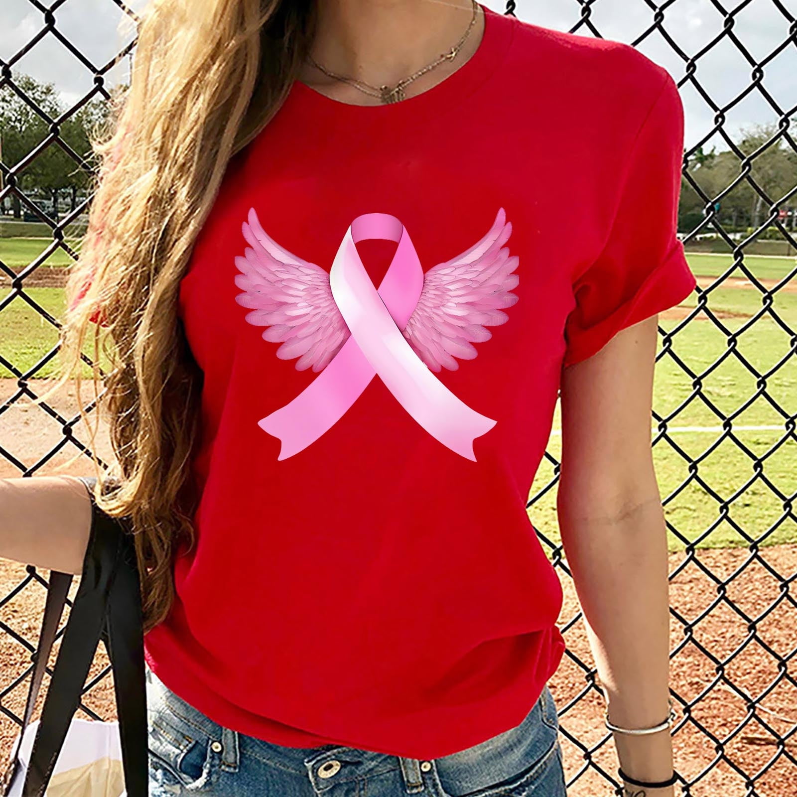Odbmxy Summer Womens Plus Size Tee Shirts Short Sleeve Breast Cancer ...