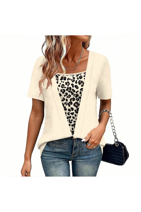 Summer Womens Shirt Short Sleeve Beige Women Tops Loose Leisure Leopard Print Fancy Holiday Tunic Tops