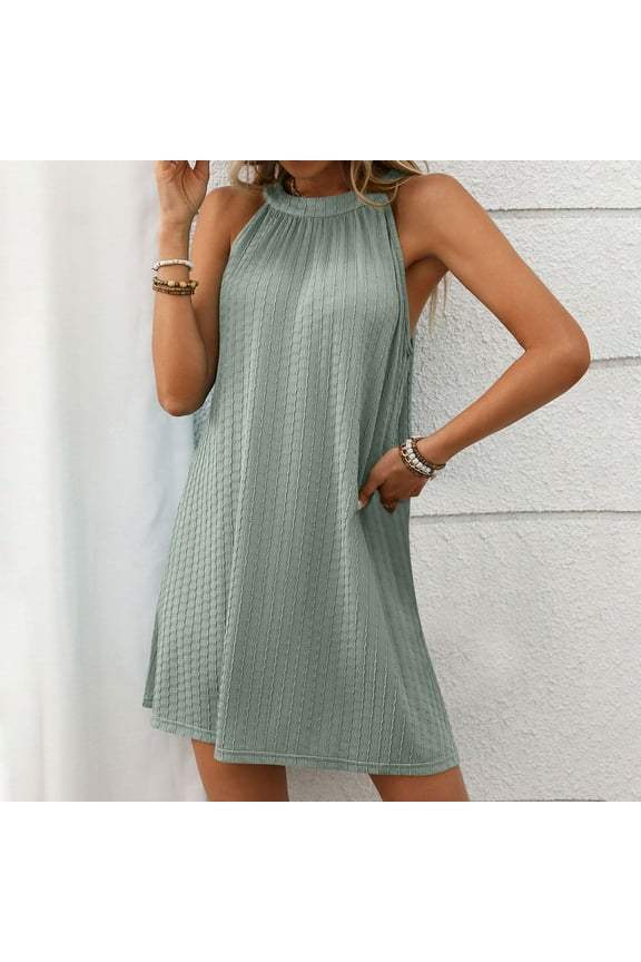 Sundress Mini Dresses for Women Plus Size Sleeveless Halter Women's Dress Soft Fancy Loose Holiday Plain Dresses,Green M