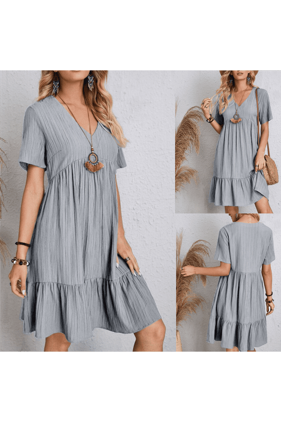 Sundresses for Women 2025 Trendy Short Sleeve Womens Mini Dress Solid Color Vacation Elegant Peplum Loose Dresses,Gray M