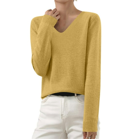 Odbmxy Sweater Women Long Sleeve Cotton V-Neck Fall Sweaters for Women Layering Knitted Yellow Slim Single Sweaters