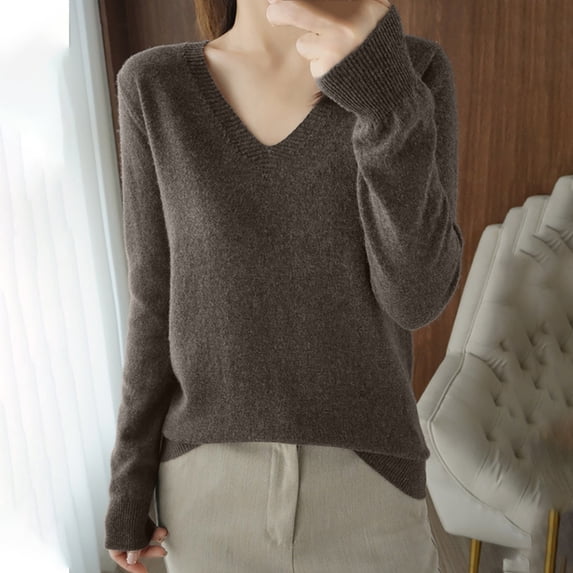 Odbmxy Sweater Women Long Sleeve V-Neck Womens Sweaters Fall Lightweight Layering Regular Solid Color Brown Sweaters