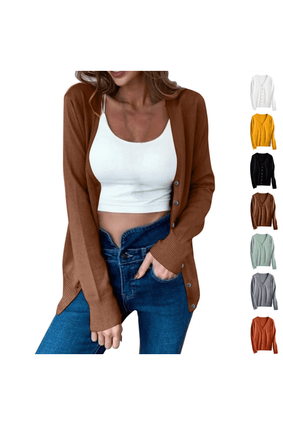 Sweater Women V-Neck Long Sleeve Sweaters for Women Plus Size Cardigan Solid Color Knit Loose Button up Brown Sweaters