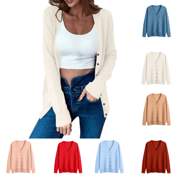 Odbmxy Sweaters for Women 2024 V-Neck Long Sleeve Womens Cardigan Sweaters Relaxed Fit Solid Beige Button up Soft Sweaters