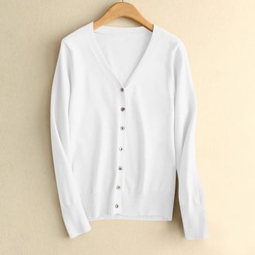 Women's White Bubble Dot Cardigan – Soft Knit V-Neck 3/4 Sleeve Fitted Sweater