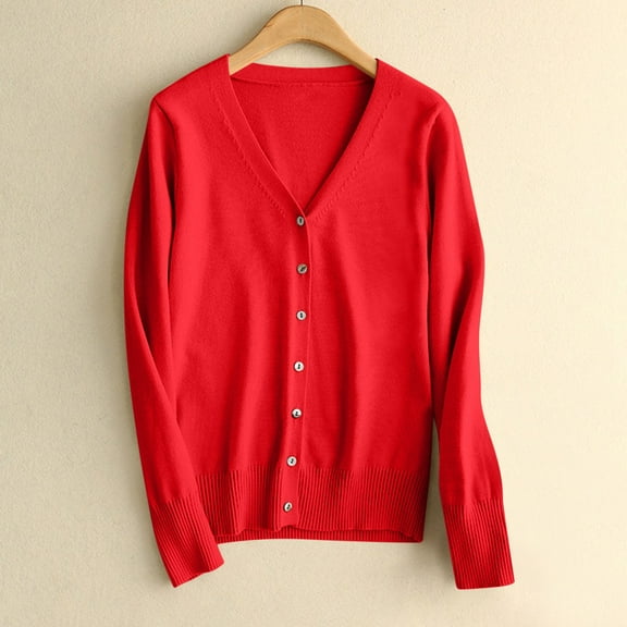 Odbmxy Sweaters for Women Long Sleeve V-Neck Sweaters for Women Plus Size Cardigan Soft Red Relaxed Fit Button up Sweaters