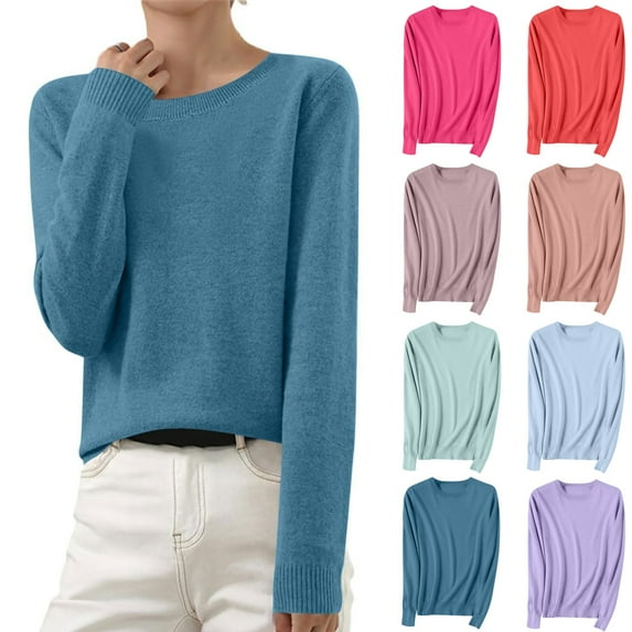 Odbmxy Sweaters for Women Plus Size Long Sleeve Cotton Fall Sweaters for Women Relaxed Fit Blue Solid Knitted Casual Sweaters