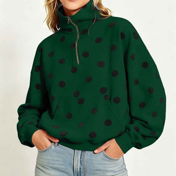 Odbmxy Sweatshirt Women Long Sleeve Fall Winter Polka Dots Warm Collared Women's Tops Everyday Leisure Zip-Up