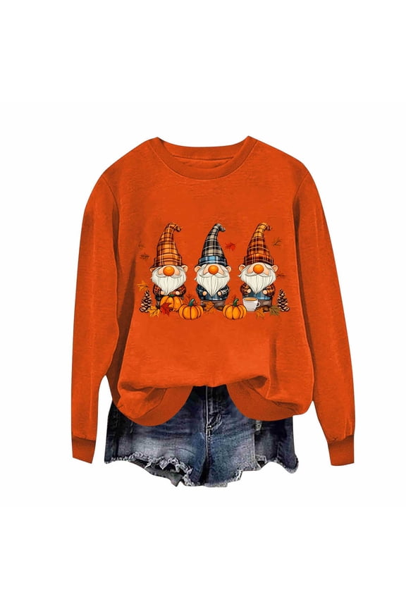 Sweatshirts for Women Long Sleeve Thanksgiving Plus Size Tops for Women Workout Graphic Regular Sweatshirts,Orange L