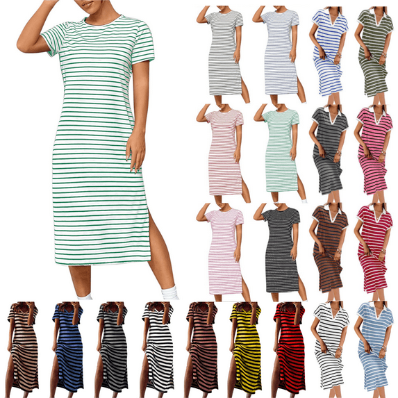 Odbmxy T-Shirt Dresses for Women Summer Short Sleeve Dresses for Women Casual Pockets Relaxed Fit Daytime Striped Dresses,Green L