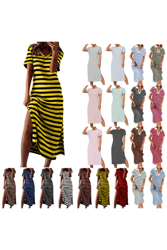 T Shirt Midi Dresses for Women Short Sleeve Womens Dresses Plus Size Casual Color Block Sundress V-Neck Dresses,Yellow S