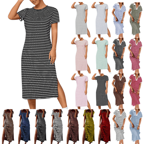 Odbmxy T-Shirt Summer Dresses for Women Short Sleeve Women's Plus Size Dresses Striped Daytime Loose Casual Pockets Dresses,Black XL