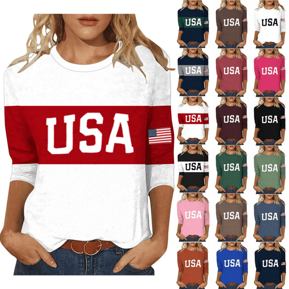 Odbmxy T Shirt Women 3/4 Sleeve Independence Day Women's Plus Size Tops Graphic Vacation Casual Regular Tops,Red