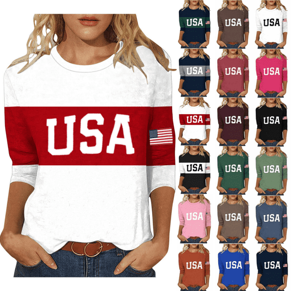Odbmxy T Shirt Women 3/4 Sleeve Independence Day Women's Plus Size Tops Graphic Vacation Casual Regular Tops,Red