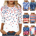 thumbnail image 1 of Odbmxy T Shirt Women 3/4 Sleeve Independence Day Women's Plus Size Tops Graphic Vacation Casual Regular Tops,Red 4XL, 1 of 6