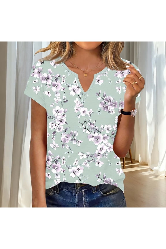 T-Shirt Women Short Sleeve V-Neck Summer Ladies Tops Casual Loose Floral Vacation Green Fancy Tops