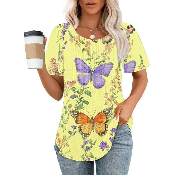 Odbmxy T-Shirt Women Summer Short Sleeve Womens Tops Trendy Dressy Daily Leisure Butterfly Print Comfortable Tops,Yellow 2XL