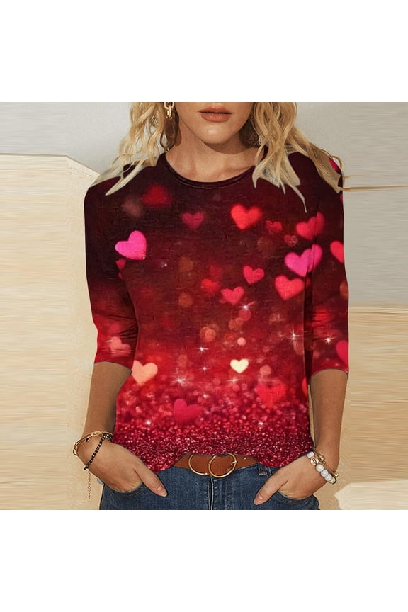T-Shirt Women Valentine's Day 3/4 Sleeve Tops for Women Plus Size Casual Heart Graphic Regular Vacation Romantic Tops