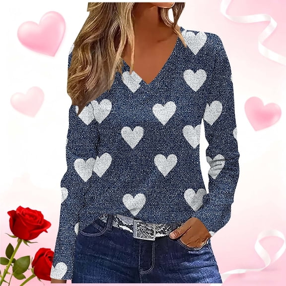 Odbmxy T-Shirt for Women Long Sleeve Valentines Day V-Neck Ladies Plus Size Tops Casual Heart Print Vacation Funny Tops Blue