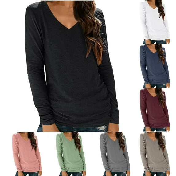Odbmxy T-Shirts Women Cotton Long Sleeve Tops Women Casual Loose Daily V-Neck Basic Layering Plain Tops,Black S
