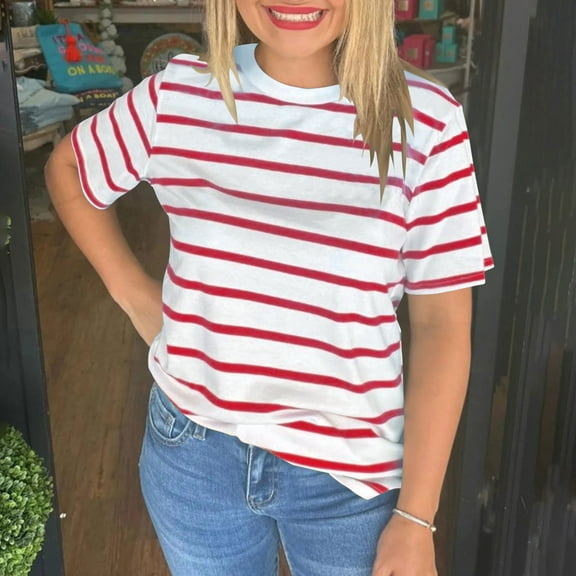 Odbmxy T-Shirts Women Summer Short Sleeve Plus Size Tops for Women Workout Soft Casual Loose Vacation Striped Tops,Red 3XL