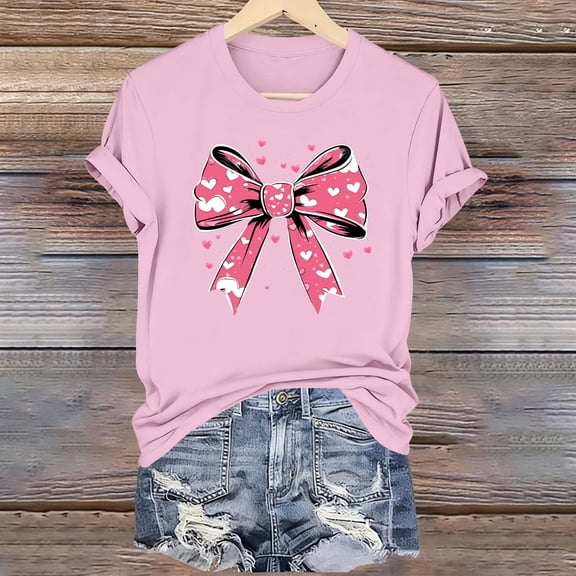 Odbmxy T Shirts Women Valentines Day Short Sleeve Pink Plus Size Womens Tops Soft Loose Casual Festivals Bow Print Shirts