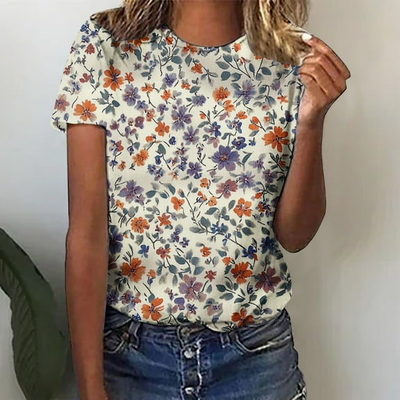 Odbmxy T-Shirts Womens Plus Size Short Sleeve Graphic Ladies Tops Holiday Floral Casual Regular Fancy Tops,L