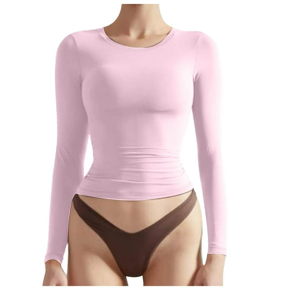 Odbmxy T Shirts for Women Long Sleeve Base Layers for Women Pink Solid Leisure Slim Cropped Tops