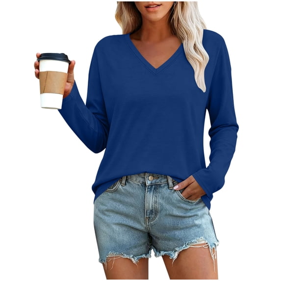 Odbmxy T Shirts for Women Fall V-Neck Long Sleeve Everyday Ladies Tops Casual Solid Color Slim Basic Layering Blue
