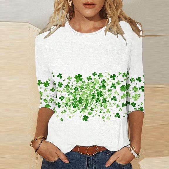 Odbmxy T Shirts for Women Plus Size 3/4 Sleeve Shamrock St. Patty's Day Womens Tops Loose Vacation Leisure Patriotic Shirts