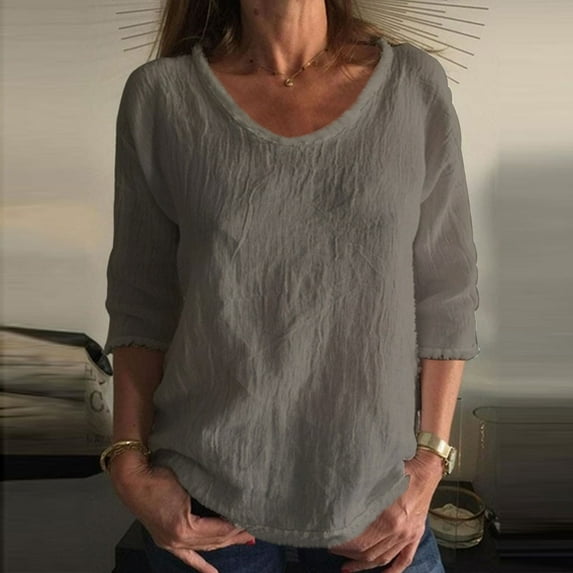 Odbmxy T Shirts for Women Plus Size Cotton Linen Elbow-Length Tops Women Everyday Basic Solid Color Loose Casual Tops,Gray M