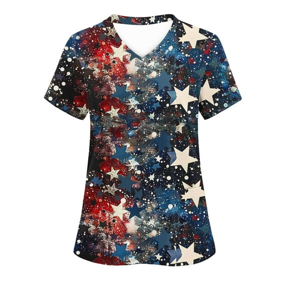 Odbmxy T Shirts for Women Short Sleeve Fourth of July V-Neck Women Tops Vacation Summer Fancy Loose Stars Casual Tops