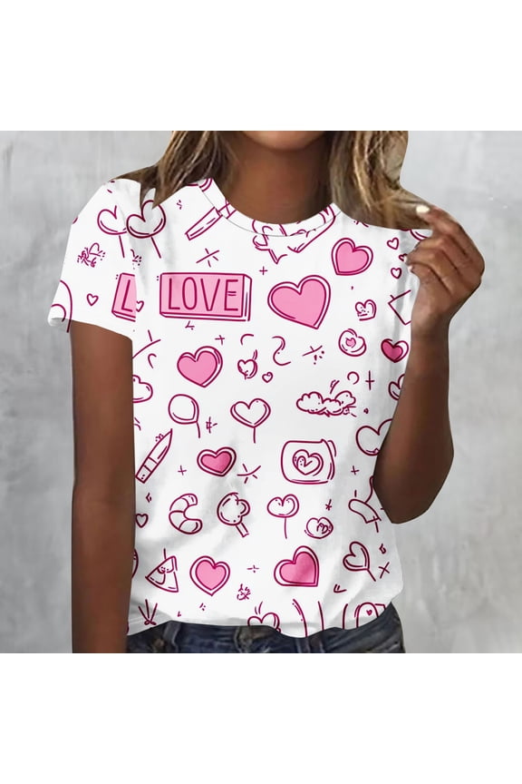 T Shirts for Women Short Sleeve Heart Graphic Valentines Plus Size Womens Tops Festivals Loose Romantic Casual White Shirts