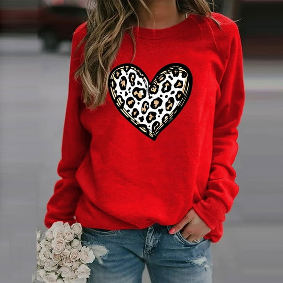 Odbmxy T Shirts for Women Trendy Leopard Print Long Sleeve Ladies Tops Heart-shaped Leisure Lovely Valentines Day Tops,Red XL