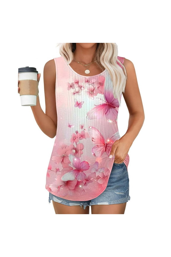 Tank Tops Women Plus Size Summer Sleeveless Ladies Plus Size Tops Floral Casual Pleated Breathable Loose Daily Tops,XL