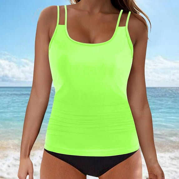 Odbmxy Tankini Bathing Suits for Women Padded Camisole Womens Plus Size Swimsuit Beach Wire-Free Solid Color Swimwear,Green XXL