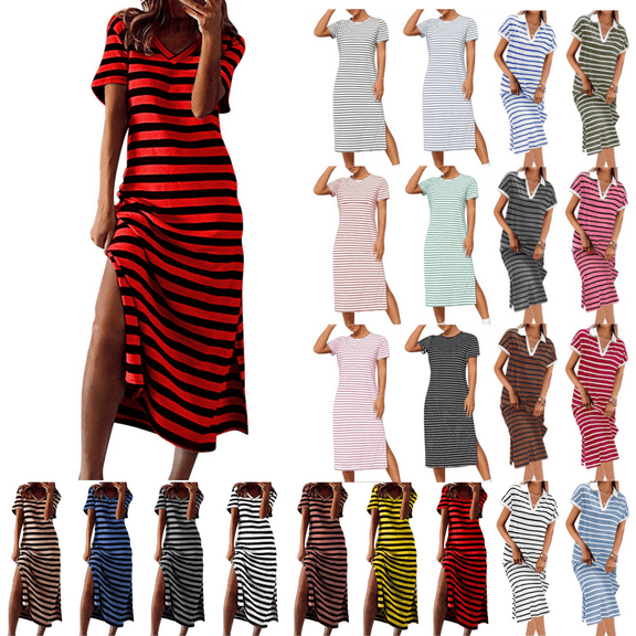 Odbmxy Tee Shirt Midi Dresses for Women Short Sleeve Womens Plus Dress Regular Leisure V-Neck Striped Sundress Dresses,Red XXL