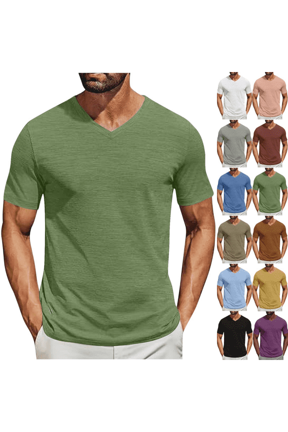 Tee Shirts for Men Cotton Short Sleeve Clothes for Men Workout Single-color Relaxed Fit Soft V-Neck Casual Shirts,Green XL