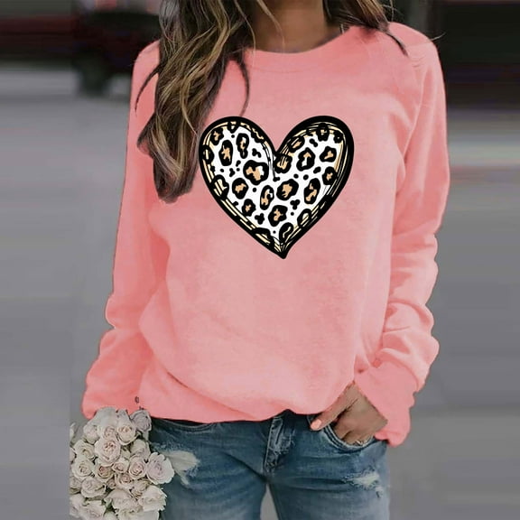 Odbmxy Tee Shirts for Women Plus Size Long Sleeve Leopard Print Tops for Women Trendy Valentines Day Heart-shaped Tops,Pink XL