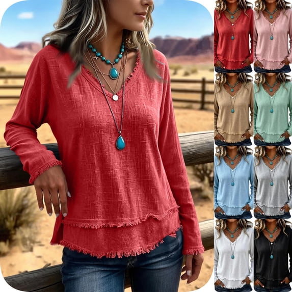 Odbmxy Tshirts Shirts for Women Cotton Long Sleeve Tops for Women Trendy Plain Basic Casual Loose Daily Layering Tops,Red XXL