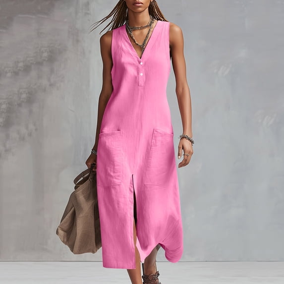 Odbmxy Tunic Dress for Women Cotton Linen Shift Summer Sleeveless Office V-Neck Classy Women's Midi Dresses with Pockets
