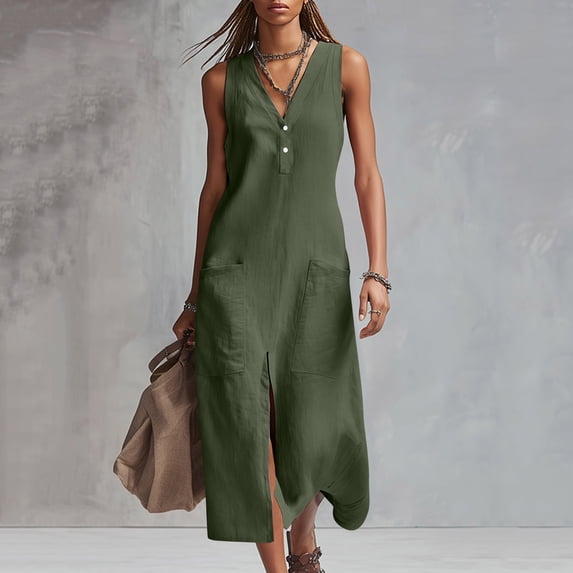 Odbmxy Tunic Women's Dress Summer Cotton Linen Shift Sleeveless V-Neck Office Classy Midi Dress for Women with Pockets