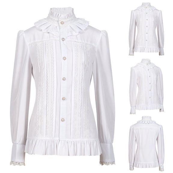 Odbmxy Turtleneck Womens Shirts Plus Size Long Sleeve Womens Blouses Button Down Slim Ruffles Leisure Solid Retro Tops,White XL