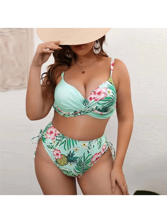 Two Piece Bathing Suits for Women Camisole Triangle Swimsuit Plus Size Womens Bikini Vacation Floral Swimwear,Green XXL