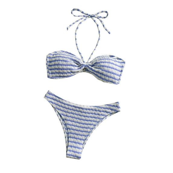 Odbmxy Two Piece Swimsuit for Women Bikini Halter Bathing Suits for Women Vacation High Cut Striped Bralette Swimwear,Blue S